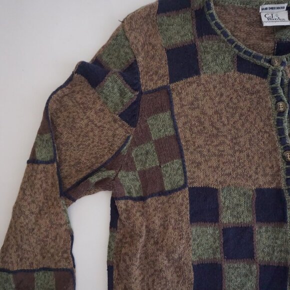 Vintage CJ Banks Brown Green Patchwork Knit Cardigan Cabincore Grandmacore 1X - Picture 8 of 11